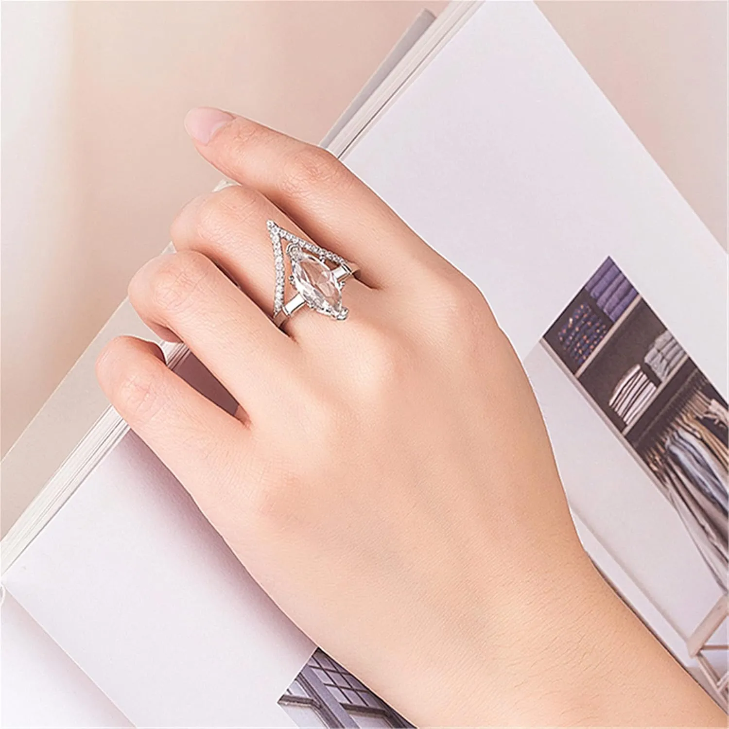 ZDIFDIC V-Shaped Stackable Ring Set Moissanite Wedding Band Half Eternity Ring 925 Sterling Silver Cubic Zirconia Simulated Diamond Anniversary Ring for Women Statement Promise Eternity Rings(8#)