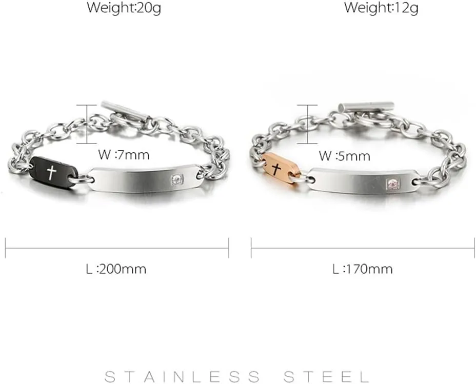 ZKXXJ Personalized Cross Bracelet for Couple,Custom Name Date Engraved CZ Link Bracelets God Lords Prayer Wristband Stainless Steel Engraved Christian Gift for Baptism Easter Confirmation