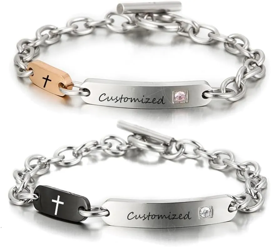 ZKXXJ Personalized Cross Bracelet for Couple,Custom Name Date Engraved CZ Link Bracelets God Lords Prayer Wristband Stainless Steel Engraved Christian Gift for Baptism Easter Confirmation