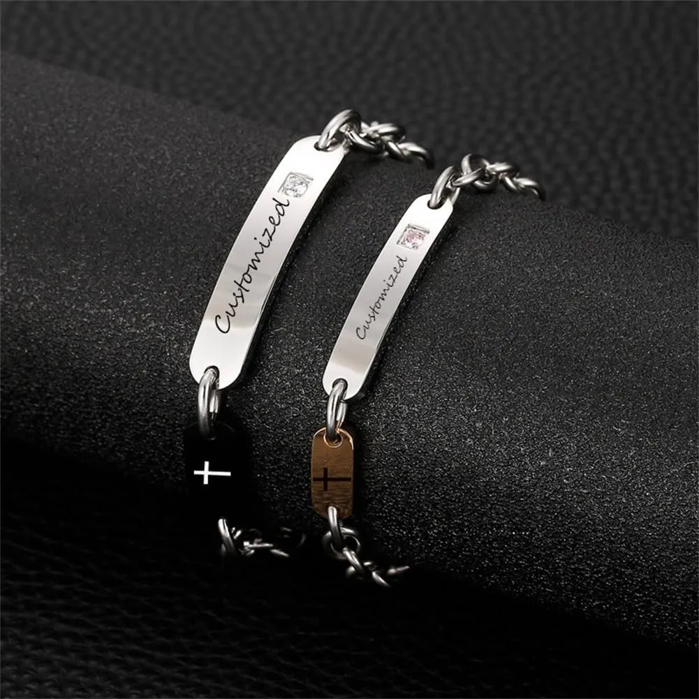 ZKXXJ Personalized Cross Bracelet for Couple,Custom Name Date Engraved CZ Link Bracelets God Lords Prayer Wristband Stainless Steel Engraved Christian Gift for Baptism Easter Confirmation