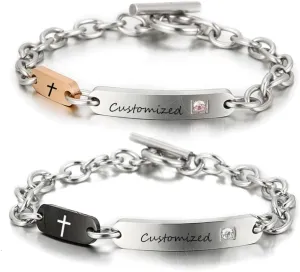 ZKXXJ Personalized Cross Bracelet for Couple,Custom Name Date Engraved CZ Link Bracelets God Lords Prayer Wristband Stainless Steel Engraved Christian Gift for Baptism Easter Confirmation