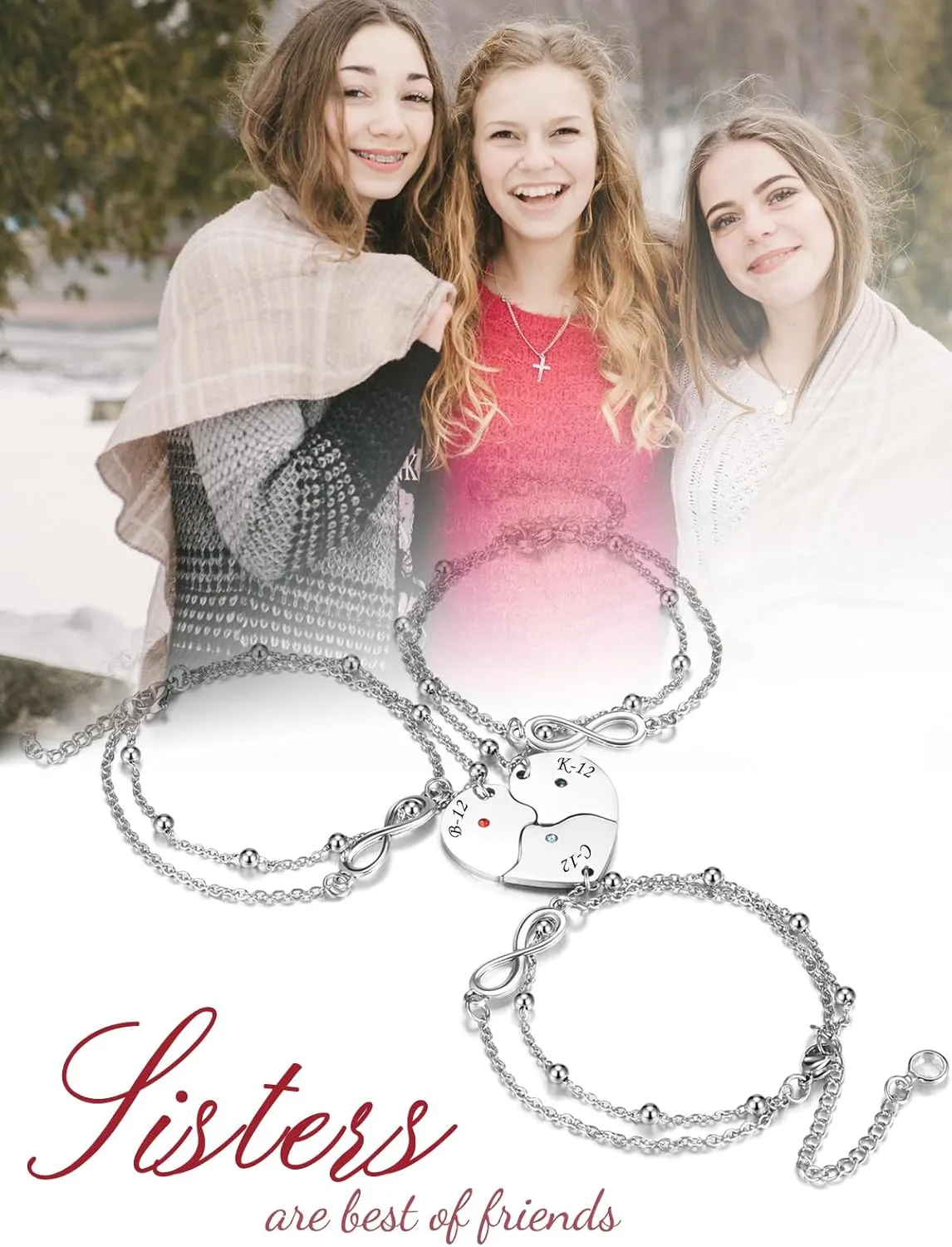 Zysta Personalized Custom 3/4 PCS Matching Bracelets for Best Friends Stainless Steel Infinity Best Friends Matching Heart Puzzle Piece Bracelet for BFF Family Sister Bestie Friendship Jewelry